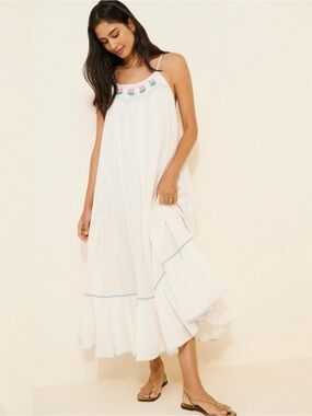 Free People White Maxi  Dress with Pink & Green Embroidery